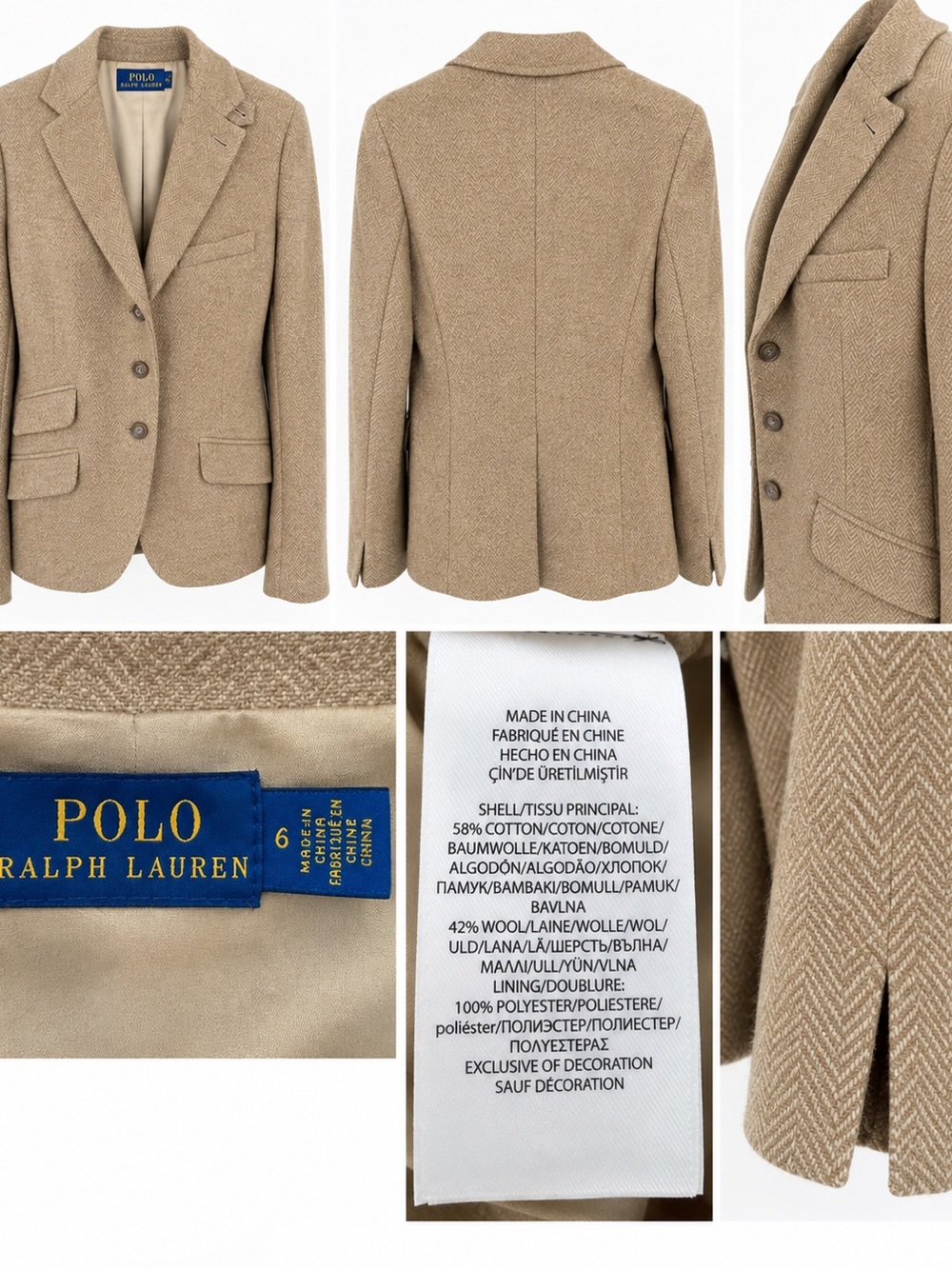 Polo Ralph Lauren Tan Herringbone Wool Blend Blazer Jacket Size 6